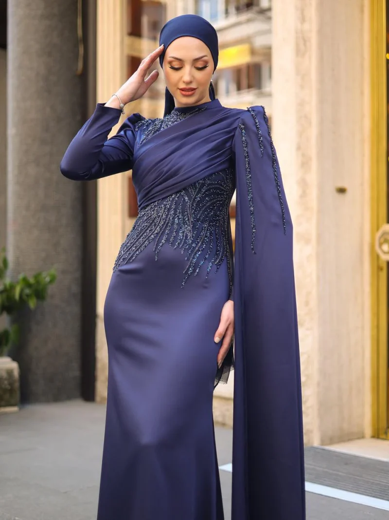 Draped Front Satin Evening Dress with Cape Sleeve Detail Hijab Evening Dress Islamic Dress