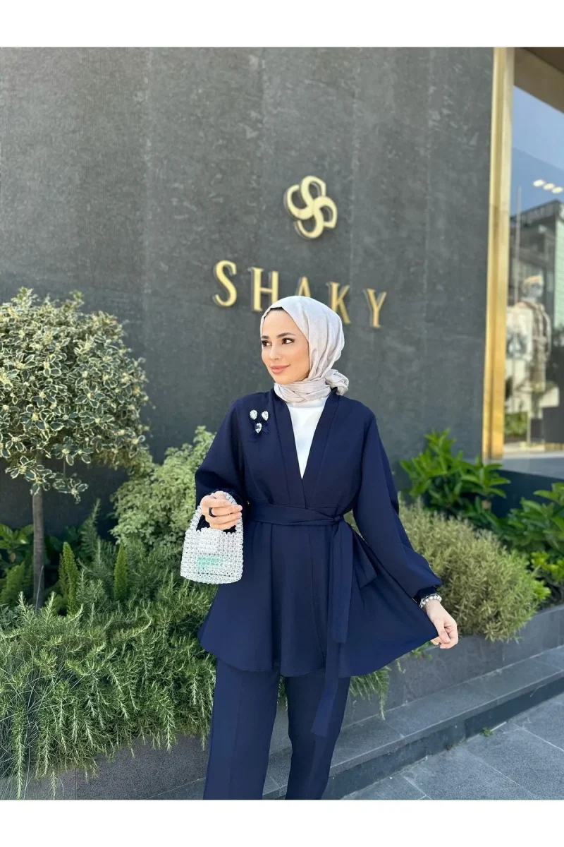 Elegant Navy Blue Two-Piece Modest Outfit with Belted Tunic and Trousers