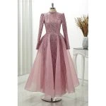Lilac-Elegant-Embellished-High-Neck-Long-Sleeve-Evening-Gown
