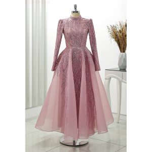 Lilac-Elegant-Embellished-High-Neck-Long-Sleeve-Evening-Gown