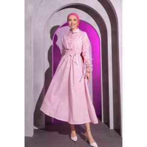 Pink - Striped Dress with Gathered Sleeves