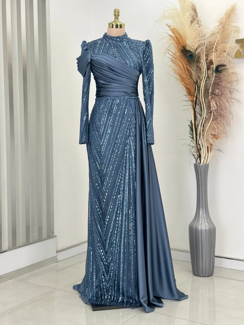 Drape Detail Beaded Embellished Cape Satin Gown with Train Islamic Evening Dress