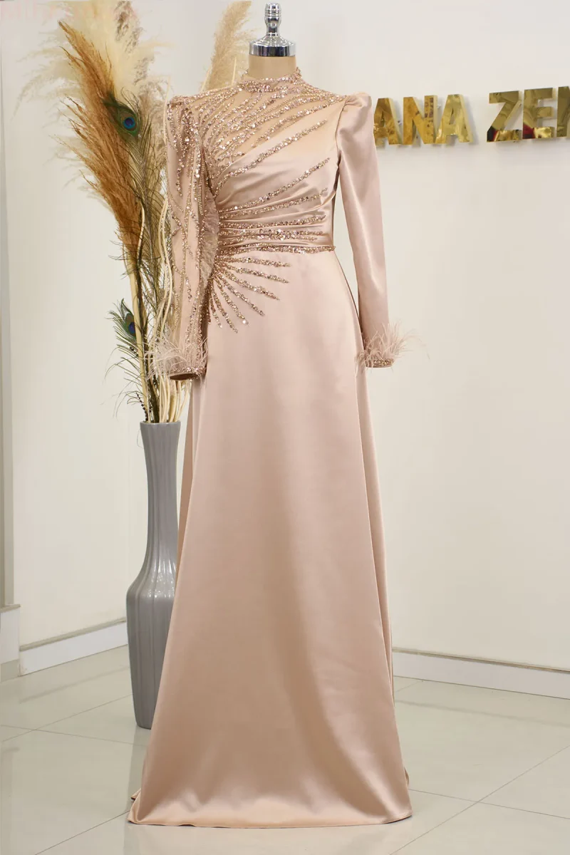 Islamic Party Dresses Hijab Satin Evening Gown with Feather Detail Draped and Embroidered Sleeves