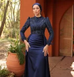 Modest Satin Islamic Wedding Prom Abaya Evening Dress Dark Indigo Main