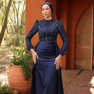 Modest Satin Islamic Wedding Prom Abaya Evening Dress Dark Indigo Main