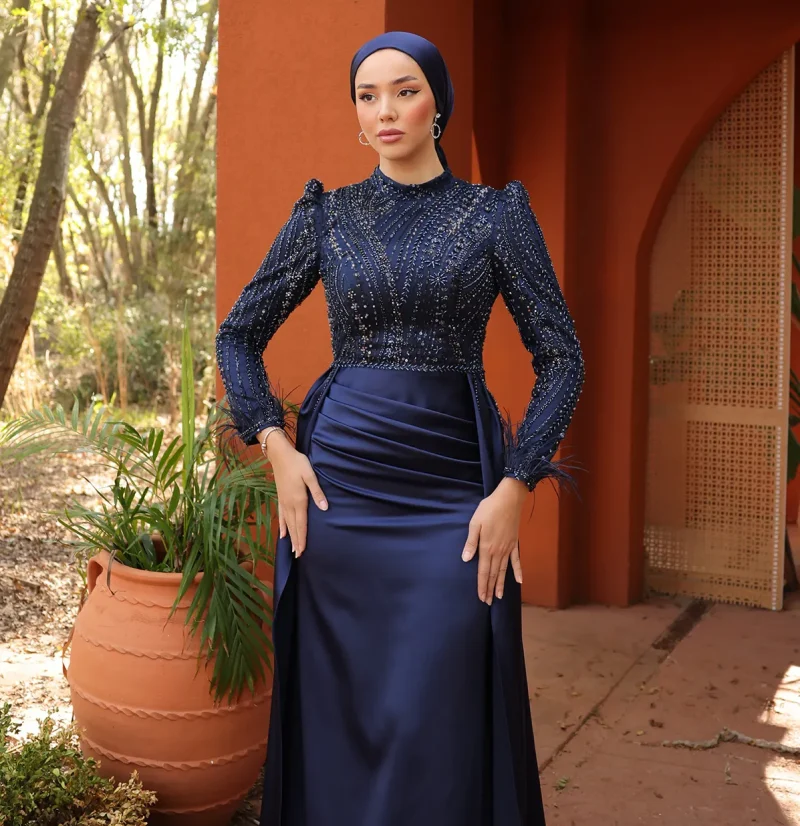 Modest Satin Islamic Wedding Prom Abaya Evening Dress Dark Indigo Main