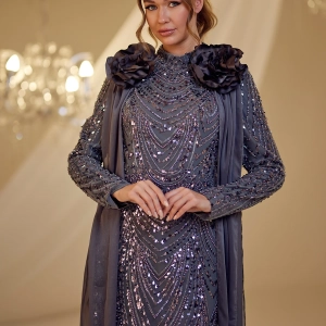 Embroidered Gown with Floral Cape Detail – Modest Luxury Evening Dress - 2025