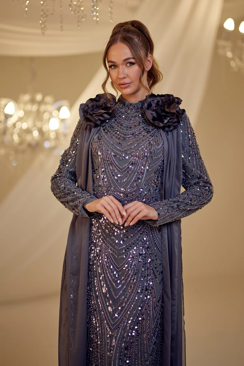 Embroidered Gown with Floral Cape Detail – Modest Luxury Evening Dress - 2025