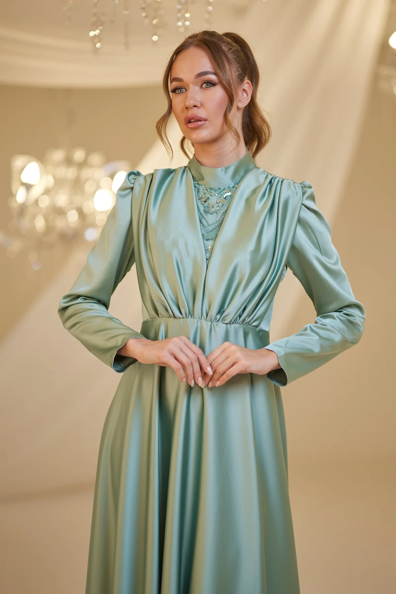 Front-Draped Satin Modest Evening Dress – Islamic Party Dress - 2025