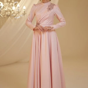 Embroidered Satin Modest Gown with Elegant Floral Appliqué – Full-Length Evening Dress - Pink Powder - 2025