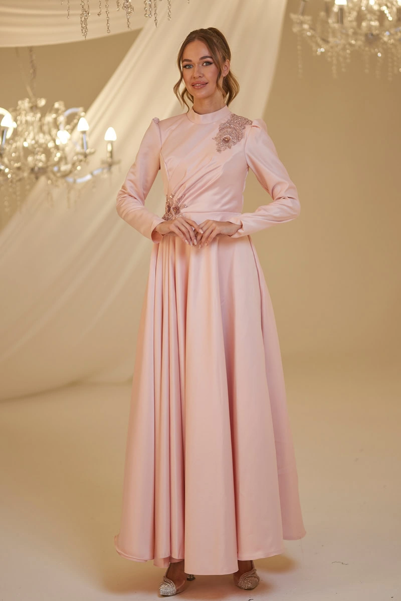 Embroidered Satin Modest Gown with Elegant Floral Appliqué – Full-Length Evening Dress - Pink Powder - 2025