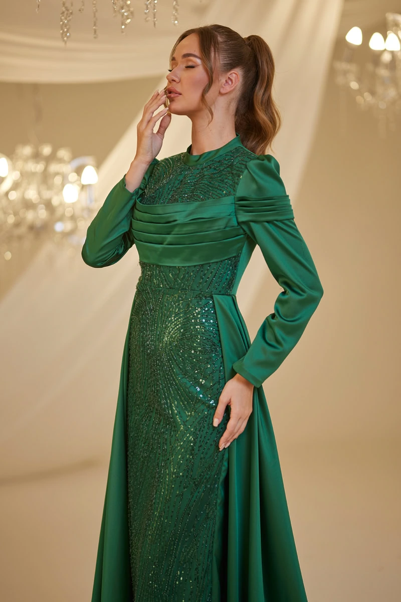 Embellished Satin Panel Gown – Modest Long Sleeve Evening Dress - 2025