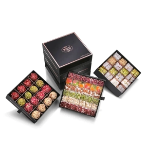 Black Three-Drawer Box Mixed Turkish Delight-Nougat-Atom 1340 g - Malatya Pazarı