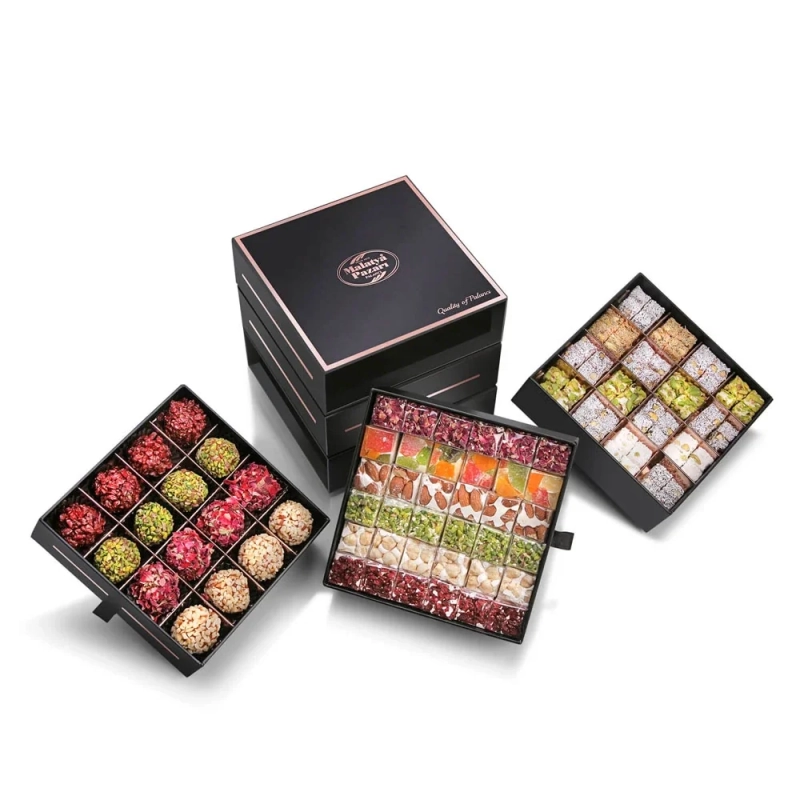 Black Three-Drawer Box Mixed Turkish Delight-Nougat-Atom 1340 g - Malatya Pazarı
