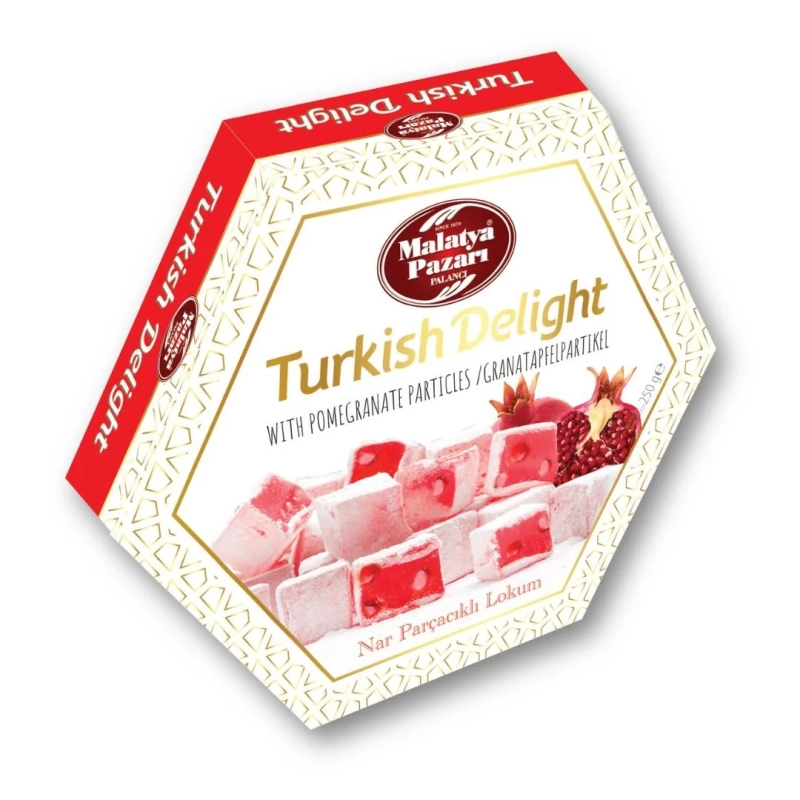 Pomegranate Seed and Pomegranate Flavored Turkish Delight 250 g Hexagonal Box - Malatya Pazarı