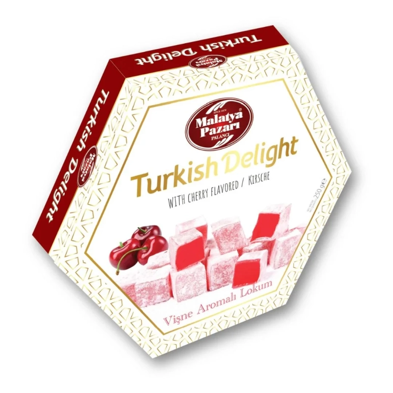 Sour Cherry Flavored Turkish Delight 250 g Hexagonal Box - Malatya Pazarı