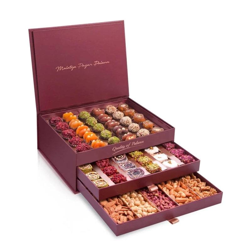 Three-Drawer Assorted Turkish Delight-Nuts-Special Box 2650 g (PURPLE) - Malatya Pazarı