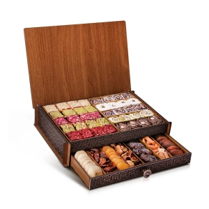 Wooden Box with Drawer Mixed Turkish Delight-Dried Fruits 1850 G - Malatya Pazarı