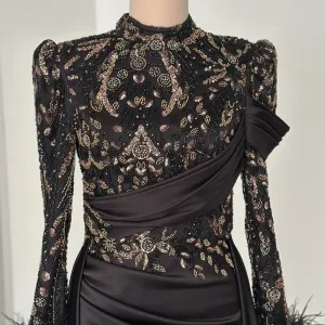 Satin Evening Dress with Beaded Lace and Draped Waist Modest Evening Dress– 2025