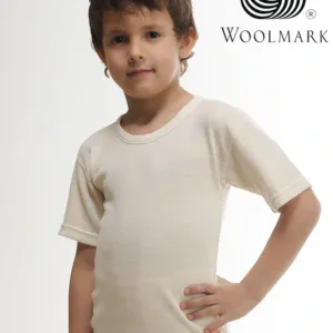 Cream-colored children’s t-shirt made from Woolmark certified fabric, featuring a small embroidered cartoon bear on the bottom left, perfect for casual wear and comfortable for kids.