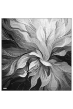 Black and white abstract floral artwork featuring flowing, layered petal-like shapes with intricate line details, creating a dynamic and elegant visual. Perfect for modern decor or art collection.