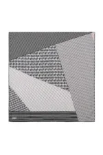 Black and white geometric patterned scarf with various line and dot designs, perfect for stylish accessories.