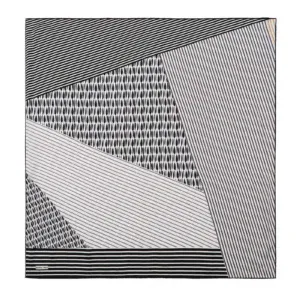 Black and white geometric patterned scarf with various line and dot designs, perfect for stylish accessories.