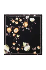 Silk floral patterned Turkish scarf with white, cream, and peach flowers on a black background, perfect for elegant accessories and stylish outfits.