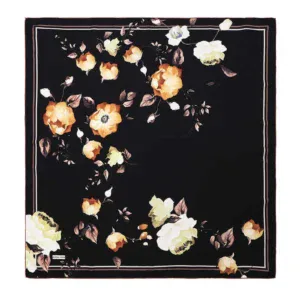 Silk floral patterned Turkish scarf with white, cream, and peach flowers on a black background, perfect for elegant accessories and stylish outfits.