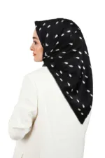 Black silk hijab with white and silver oval pattern, stylish and elegant accessory for women from Turkey. Perfect for everyday wear or special occasions. Shop with fast shipping at Shop of Turkey.