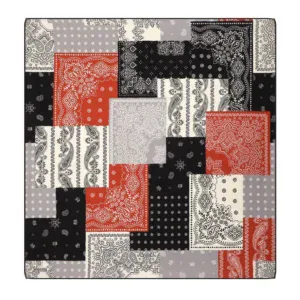 Colorful patchwork bandana featuring traditional Turkish paisley and geometric patterns in black, white, red, and gray for stylish accessories and versatile fashion statements.