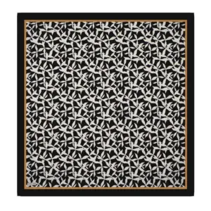 Elegant black and white geometric patterned scarf with a stylish border, perfect for fashion-forward accessories and versatile styling options.