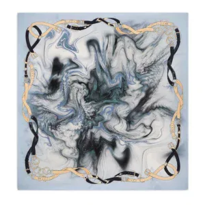 Elegant abstract artwork with swirling black, white, and blue patterns framed by a stylized gold and black chain border, showcasing modern artistic design.