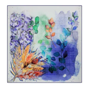 Vibrant watercolor illustration of various eucalyptus and wheat stalks, blending soft shades of purple, green, and earthy tones, perfect as wall art or home decor.