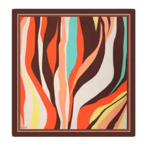 Bright abstract scarf with orange, brown, blue, yellow, and cream flowing lines, perfect for fashion accessories or home decor.
