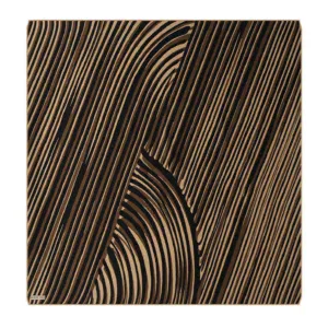Intricate black and natural wood-colored striped wooden art piece showcasing modern, geometric design perfect for stylish home decor.