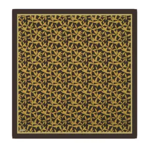 Intricate black and gold patterned silk scarf with floral design, luxurious accessory for elegant outfits, crafted in Turkey for high-quality fashion statements.