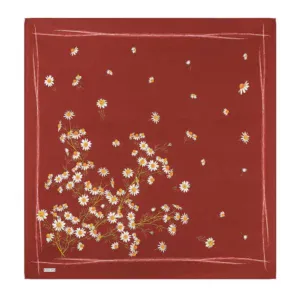 Daisy floral pattern on deep red fabric, perfect for stylish accessories and home decor, showcasing Turkish design artistry.