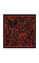 Vivid abstract artwork with bold red and brown lines on a black background, framed in black, creating a dynamic geometric pattern.