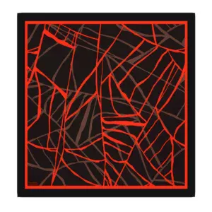 Vivid abstract artwork with bold red and brown lines on a black background, framed in black, creating a dynamic geometric pattern.