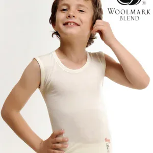Woolmark blend logo, children's sleeveless white top, comfortable clothing for kids, high-quality wool fabric, smooth and soft texture, casual children's apparel, Boy wearing off-white sleeveless shirt, cozy everyday wear by Woolmark, children's fashion inclusive of natural fibers, lightweight summer top for boys.