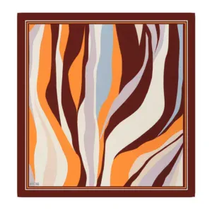 Colorful abstract animal print scarf with orange, brown, beige, and blue tones, suitable for stylish accessories and gift ideas.
