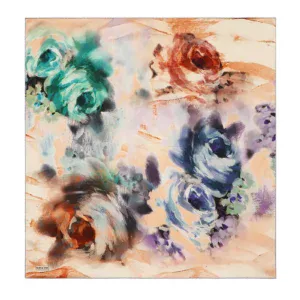 Vibrant abstract floral painting featuring large roses in teal, purple, orange, and black watercolor strokes on a soft peach background, perfect for home decor or art lovers.