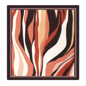 Vibrant abstract zebra-stripe pattern in warm earth tones on square scarf, featuring shades of brown, black, white, and beige, perfect for stylish accessories.