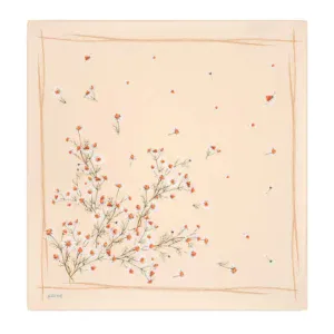 Delicate beige scarf featuring a floral pattern of small white and orange flowers with thin green stems, bordered with a subtle hand-drawn effect for a stylish and elegant look.