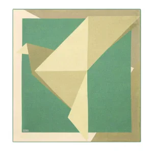 Geometric abstract art rug in green, beige, and cream tones featuring angular patterns, perfect for modern home decor and adding a stylish touch to living spaces.