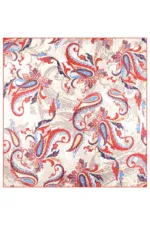 Paisley-patterned fabric with intricate red, blue, and beige floral motifs, showcasing traditional Turkish textile design, ideal for scarves, clothing, and home decor.