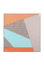 Colorful geometric patterned scarf with orange, blue, brown, and white stripes and dots, perfect for stylish accessory shopping from Turkey with fast international shipping.