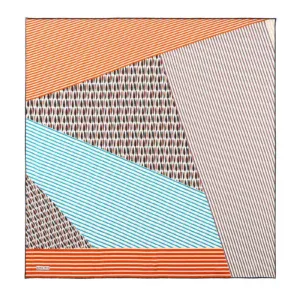 Colorful geometric patterned scarf with orange, blue, brown, and white stripes and dots, perfect for stylish accessory shopping from Turkey with fast international shipping.