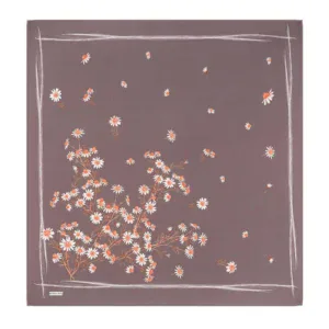 Daisy floral pattern scarf with white and orange daisies on a muted purple background, stylish accessory from Turkey.